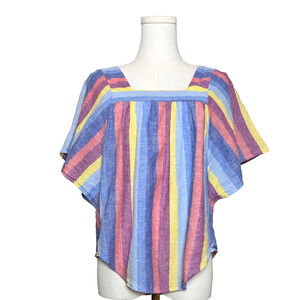 Como Vintage Rainbow Linen Cotton Striped Square Neck Flowy Top Small
